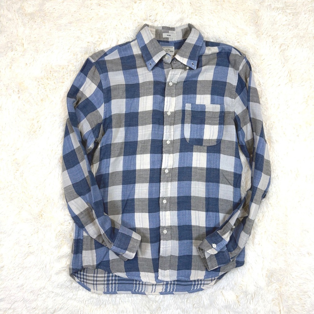 J.Crew Button Down Shirt Mens Medium Blue Grey Slim Fit Buffalo Check Cotton